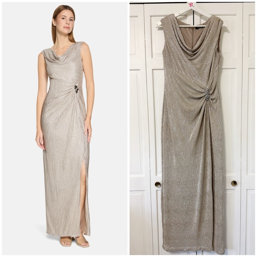 Lauren Ralph Lauren Metallic Gold Cowl Neck Maxi Dress Formal Size 10